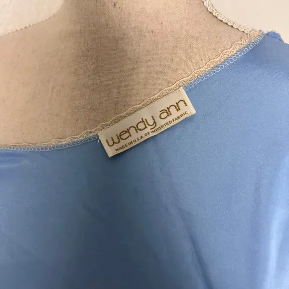 Vintage Wendy Ann Blue Satin Lace Trim Robe Kimono Wrap Dress Loungewear Large - Picture 7 of 8